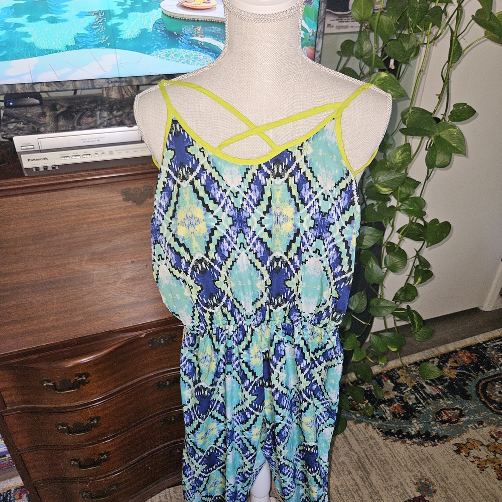 Rue21 Blue and Green Patterned Jumpsuit